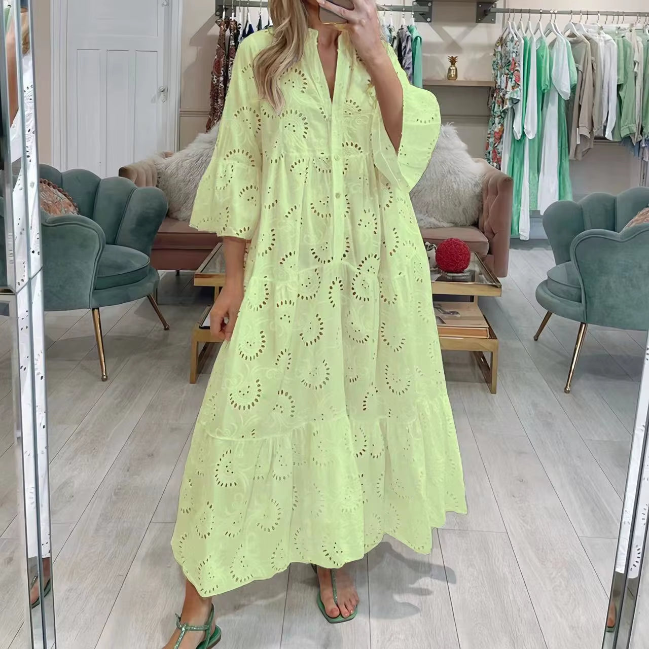 Lace Breeze: White V-Neck Hollow Lace Long Dress