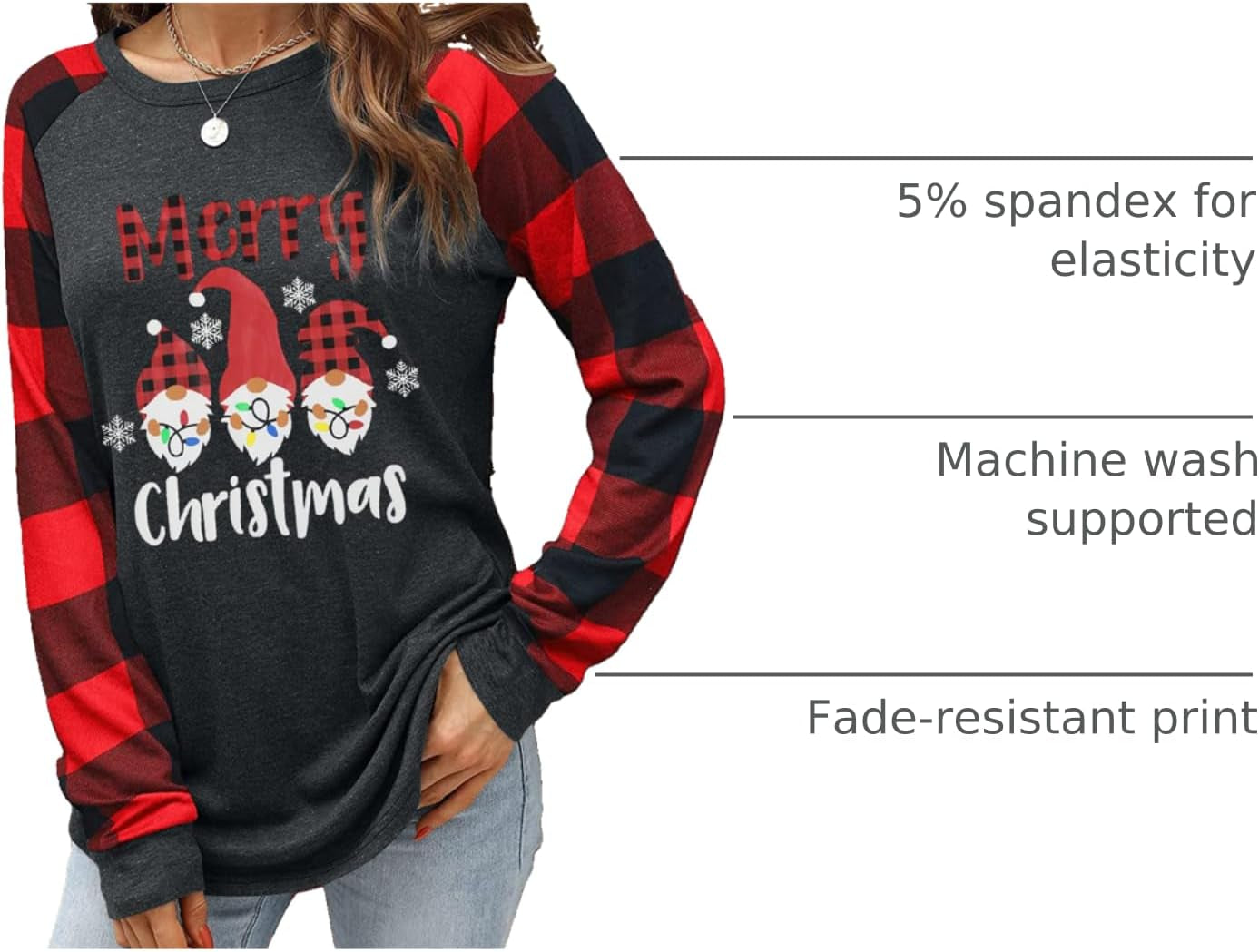 Christmas Shirt Women Gnomes T-Shirt Plaid Splicing Raglan Long Sleeve Tee Christmas Holiday Tops